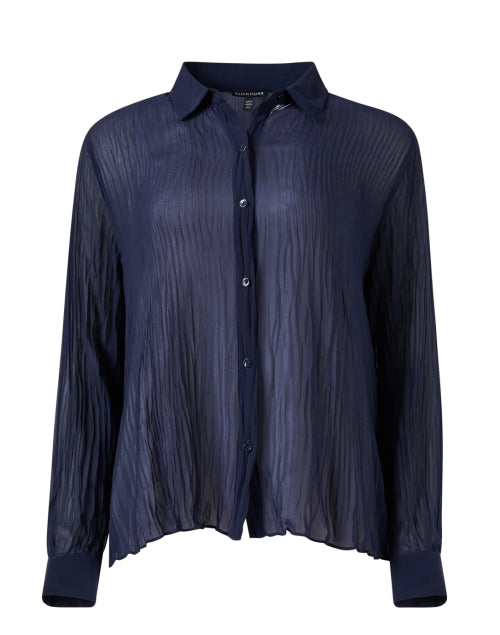 Ink Blue Featherweight Sheer Crinkled Silk Women's Fashion Top