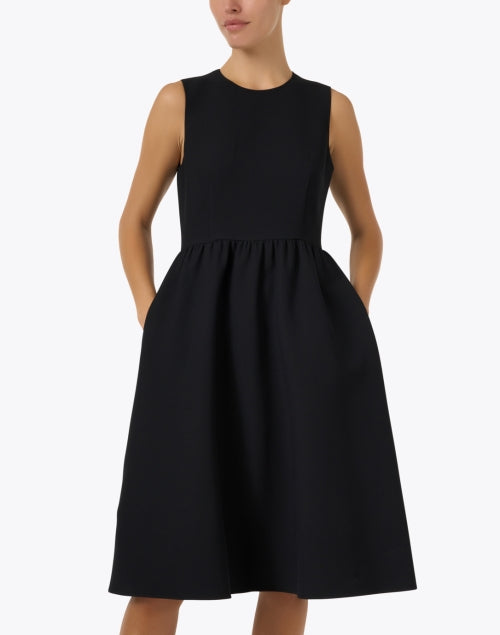 Lafayette 148 New York Luxury Wool-Silk Black A-Line Pearl Zip Midi Dress