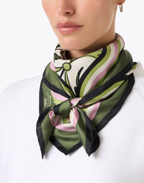 Weekend Max Mara Lightweight Silk Scarf with Art Deco Green and Pink Prints