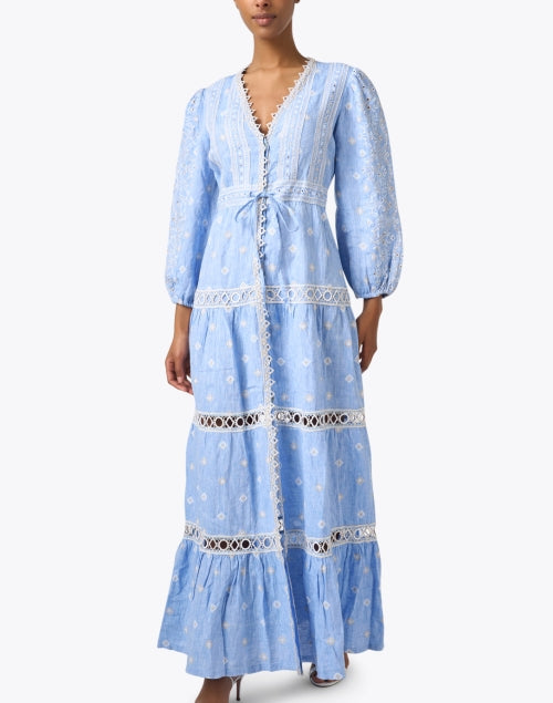 Elegant Galatea Blue Women's Maxi Linen Dress for Seaside Events