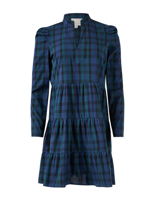 Stylish Blackwatch Plaid Cotton Tunic Dress with Balloon Sleeves