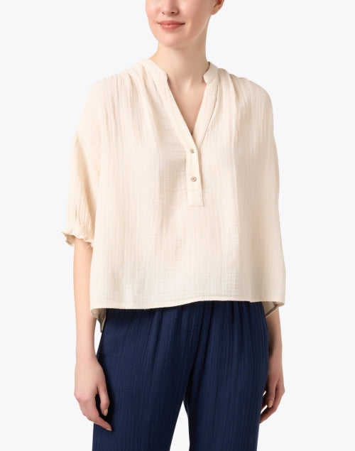 Taye Women's Beige Casual 100% Cotton Gauze Collared Top for Warm Weather
