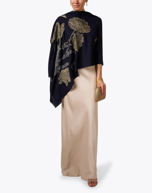 Exquisite Hand-embroidered Navy Merino Wool Scarf from India