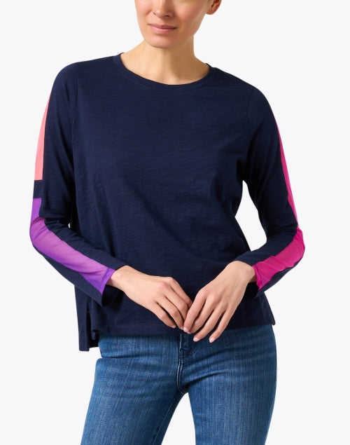 Navy-Colored 100% Cotton Mesh Striped Casual Top
