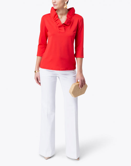 Bright Red Stretch Ruffle V-Neck Slim-Fit Top for Spring