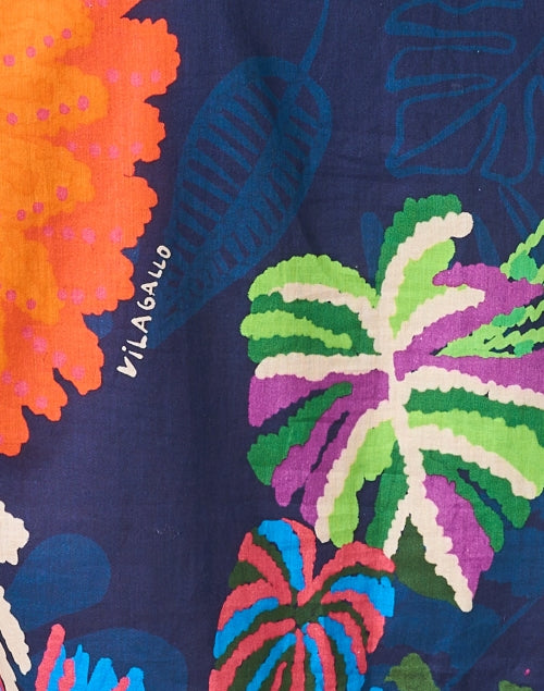 Juliet Navy Women's Tropical Print Button-Front Blouse for a Carefree Look
