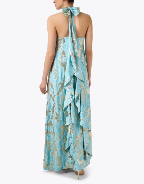 Elegant Adelina Turquoise and Gold-Colored Jacquard Evening Dress