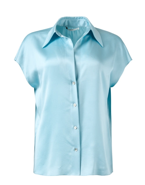 Elegant Celeste Blue 100% Silk Blouse with Cap Sleeves