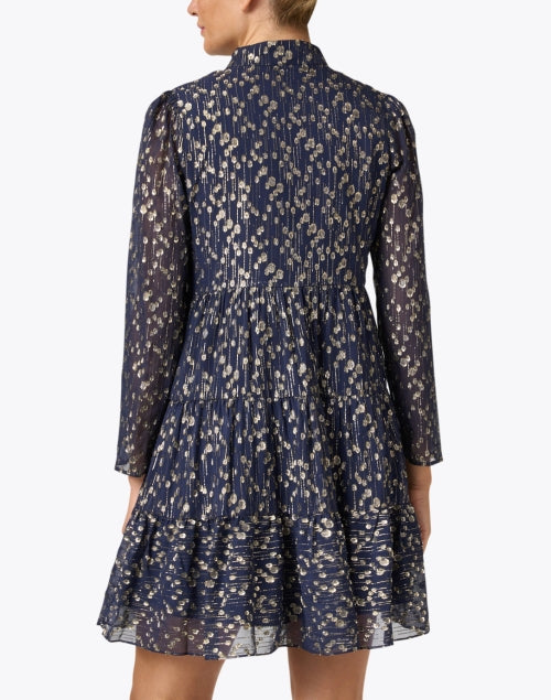 Stylish Navy and Shiny Gold Metallic Print Women's Dress for Casual Wear