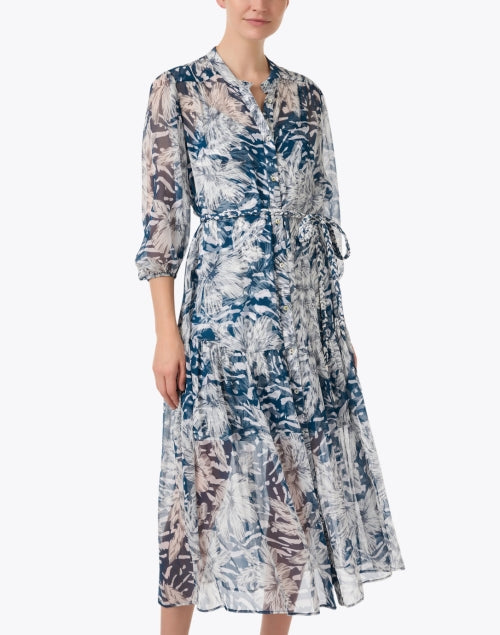 Navy Blue Floral Patterned Women's Shirt Dress - Lana Style