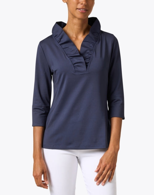 Stylish Navy Stretch Top with Ruffled V-Neckline