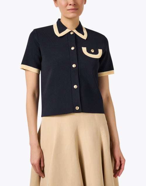 Navy Collared Short - Sleeve Pacha Sweater with Tan Trim