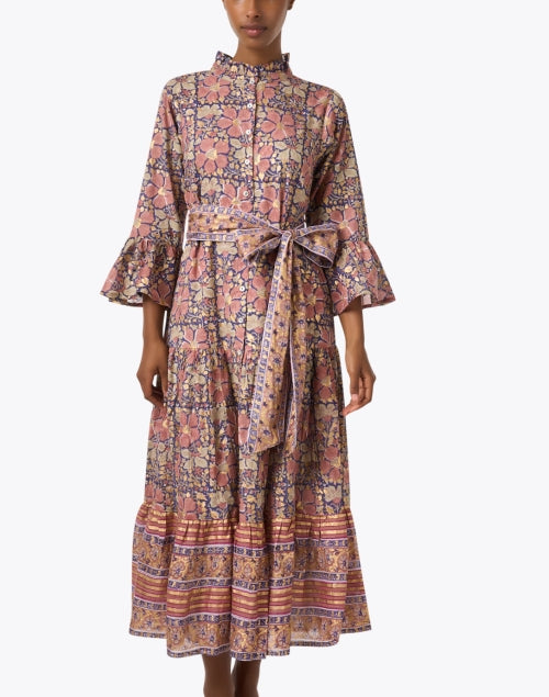 Stylish Pink and Golden Floral Print Cotton Women's Dress