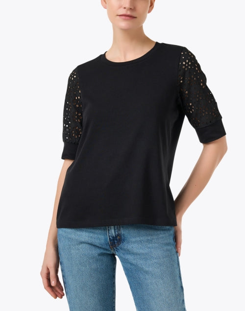 E.L.I. Women's Black Stretch Cotton Eyelet Lace Sleeve Casual Top