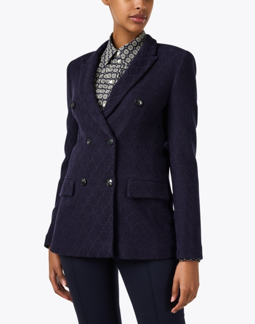Stylish Navy Wool Blend Double Breasted Stitched Lattice Motif Blazer