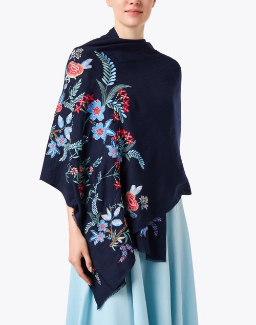 Navy Blue Floral Pattern Embroidered Luxury Wool Fashion Scarf