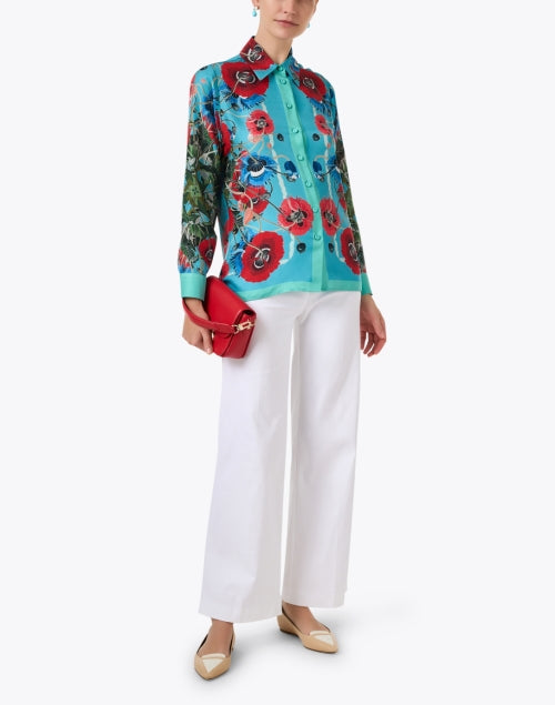 Vibrant Blue and Red Printed 100% Silk Shirt by Franco Ferrari