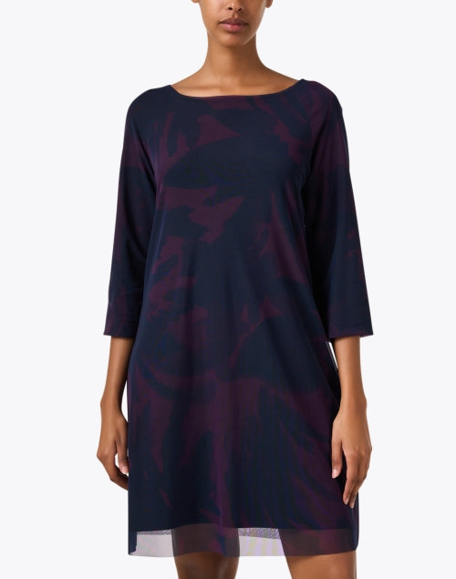 Stylish Navy Multi - Print Shift Dress with Sheer Hem