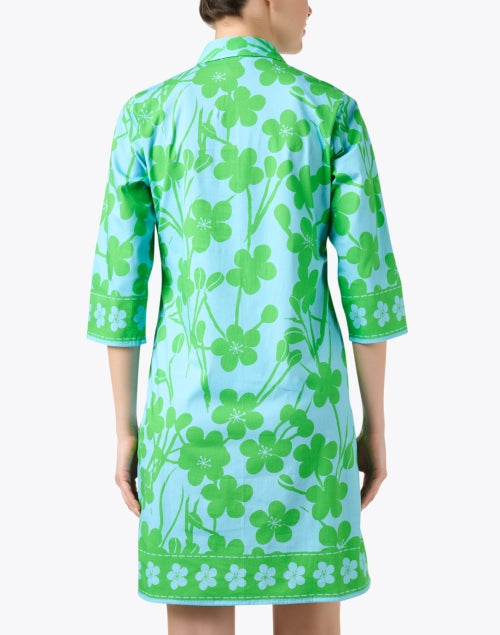 Women's Blue and Green Floral Printed Stretch Cotton Shirt Dress for Transitional Styling