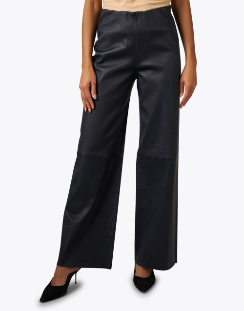 Navy Blue Stretchable Nappa Lamb Leather Straight - Leg Pants