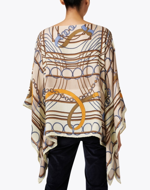 Elegant Beige Cashmere Silk Poncho with Equestrian Print