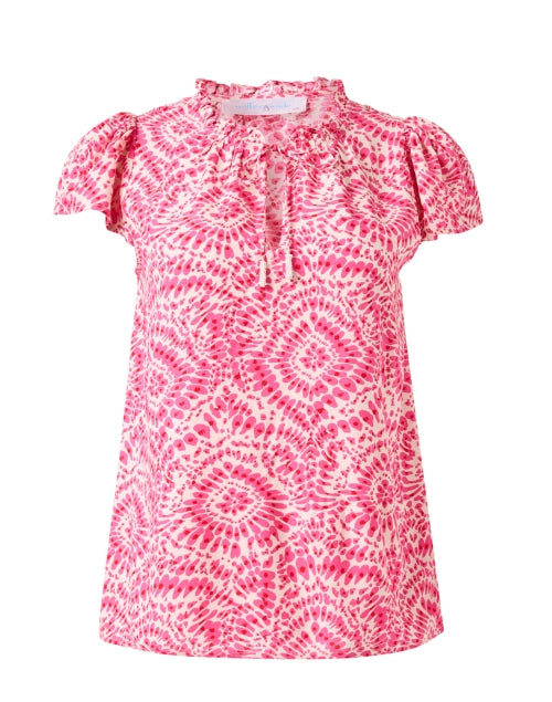 Sandra Lightweight Pink Printed Top with Tie Neck and Flutter Sleeves