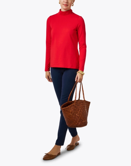 Stylish Red Pima Cotton Long Sleeve Mock Neck Women's Top