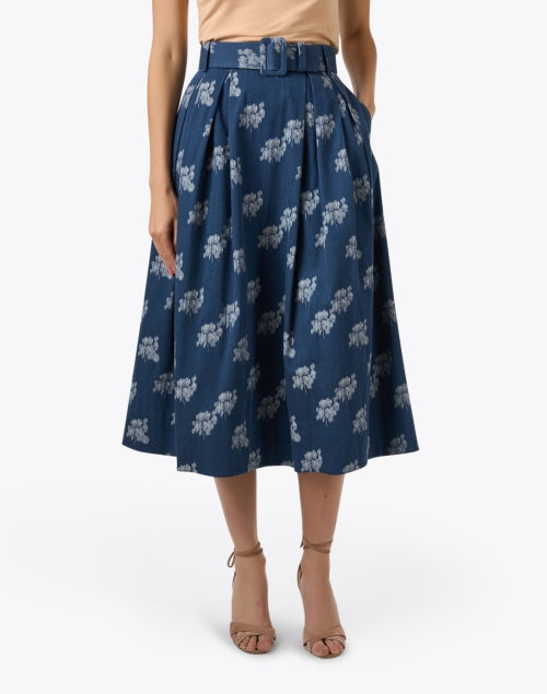 Thea Navy Floral Pattern Print Adjustable Belted Women's Midi Skirt