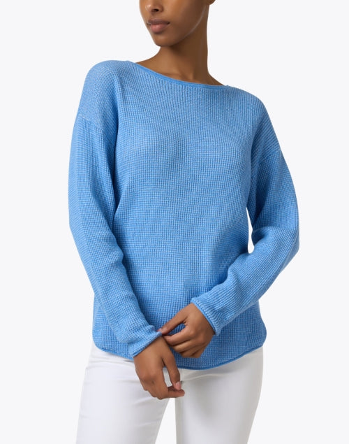 Stylish Blue Cotton Waffle-Knit Boat Neck Top