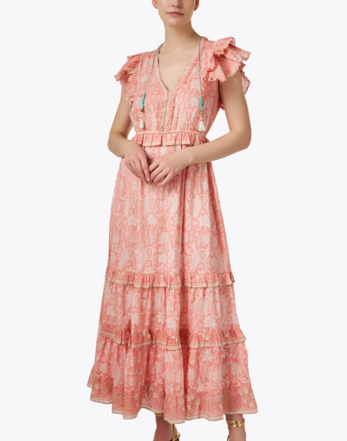 Luxurious Parisian Peach Floral Cotton-Silk Ruffled Dress