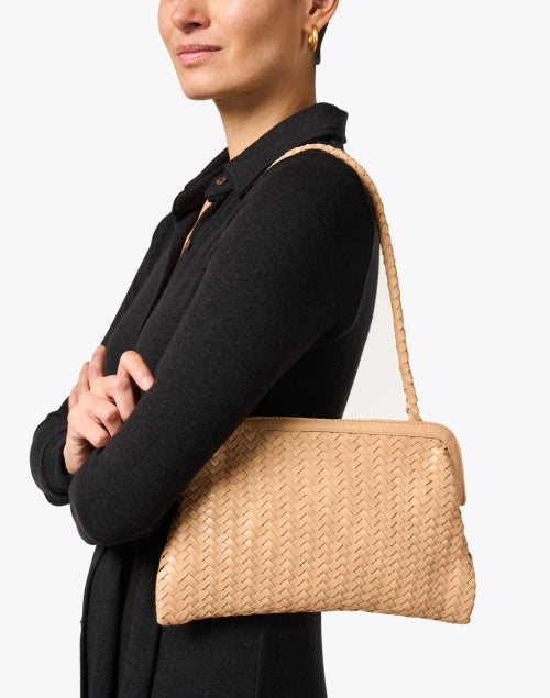 Bembien's Elegant Tan Leather Woven Shoulder Handbag