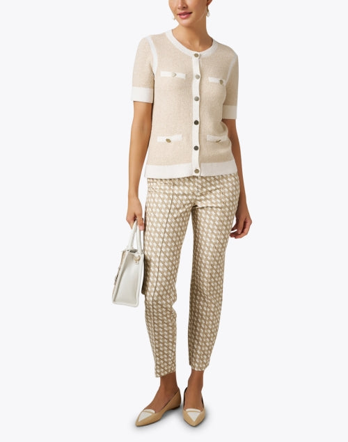 Anna Women's Beige Geometric Patterned Stretch Pants with Chic Zippers