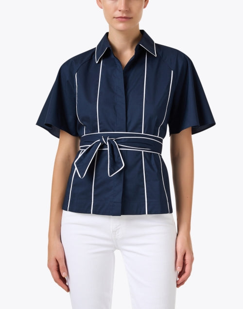 Joanna Navy Adjustable Belted Cotton Blend Top for a Flattering Look