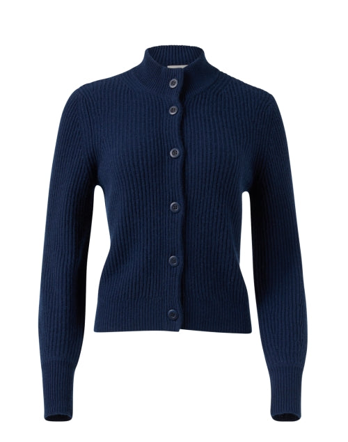 Stylish Navy 100% Cashmere Balloon - Sleeved Cardigan with Stand Collar