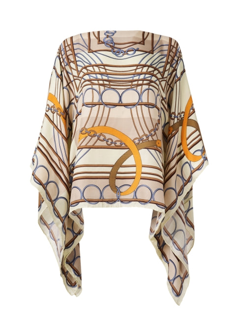 Elegant Beige Cashmere Silk Poncho with Equestrian Print