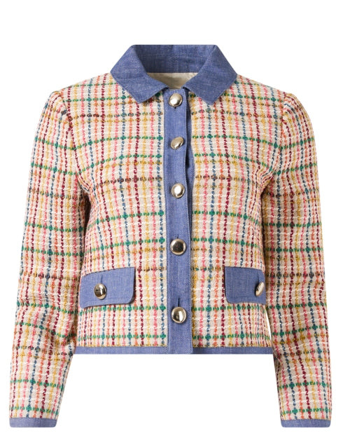 Stylish Marguerite Women's Denim-Trimmed Multi - Colored Tweed Jacket