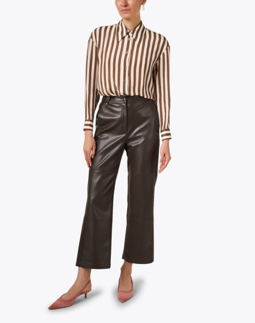 Blythe Women's Brown and White Striped Luxury Satin Silk Blend Blouse