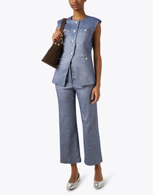 Stylish Aubrie Women's Blue Chambray Linen Wide-Leg Cropped Pants