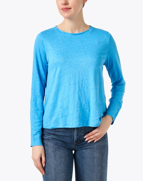Azure Blue Casual Linen Women's Top for Everyday Wear