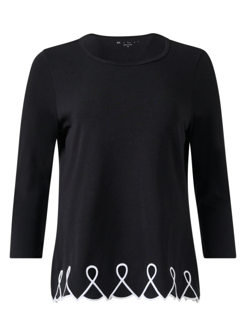 Stylish Black Pima Cotton Knit Top with Embroidered Hem and Eyelet Cutouts