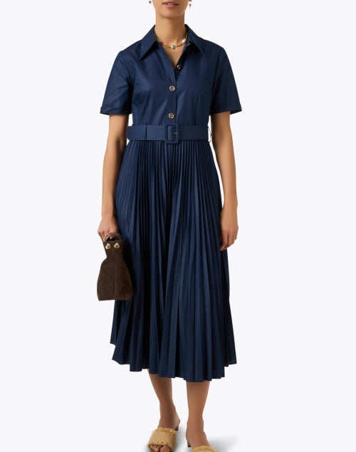 Navy Blue Pleated Cally Shirt Dress for Elegant Ladies