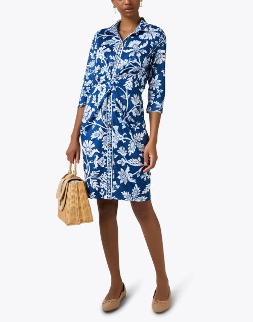 Stylish Navy Intricate Print Three - Quarter Sleeve Twist Shirt Dress