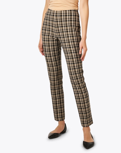Emma Neutral Plaid Stretch Pull-On Slim-Leg Pants for All-Day Comfort