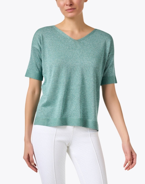 Stylish Green Lurex-knitted V-neck Top for a Sophisticated Look