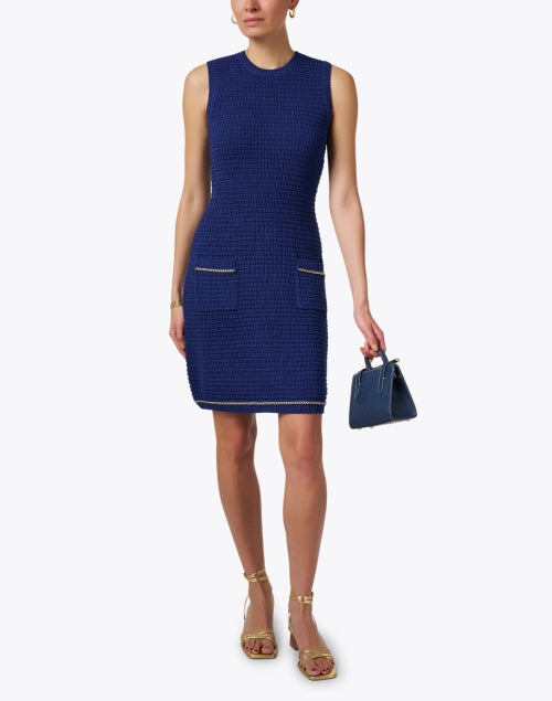 Stylish Saige Blue Lightweight Knit Sheath Dress with Chain Details