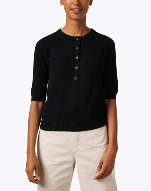 Stylish Black Cashmere Short - Sleeved Henley Top