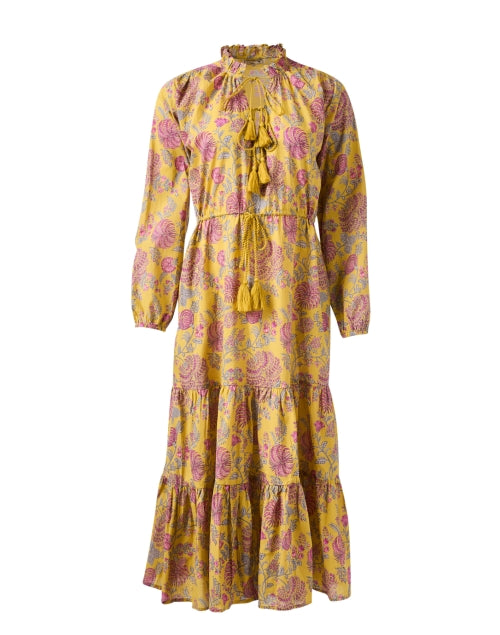 Astrid's Charming Yellow Floral Print Cotton A-Line Dress