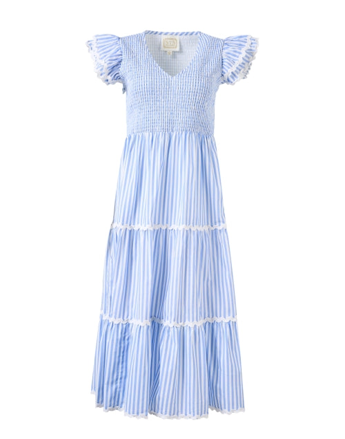 Stylish Blue and White Striped Smocked Cotton Women's Dress for Warm Weather