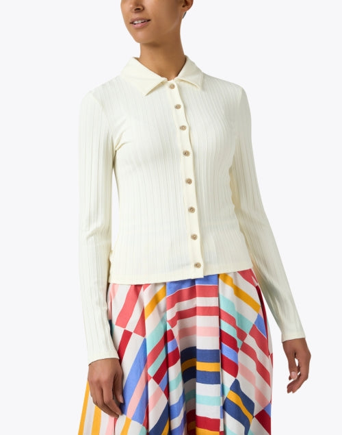 Comfortable Ivory Stretch Ribbed Knit Women's Top