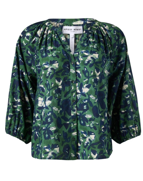 Green-Printed Lightweight Cotton Mitte Top with Balloon Sleeves